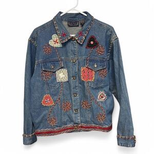 Vintage Life Style Embroidered Denim Jacket Boho Folk Art Patchwork size XL